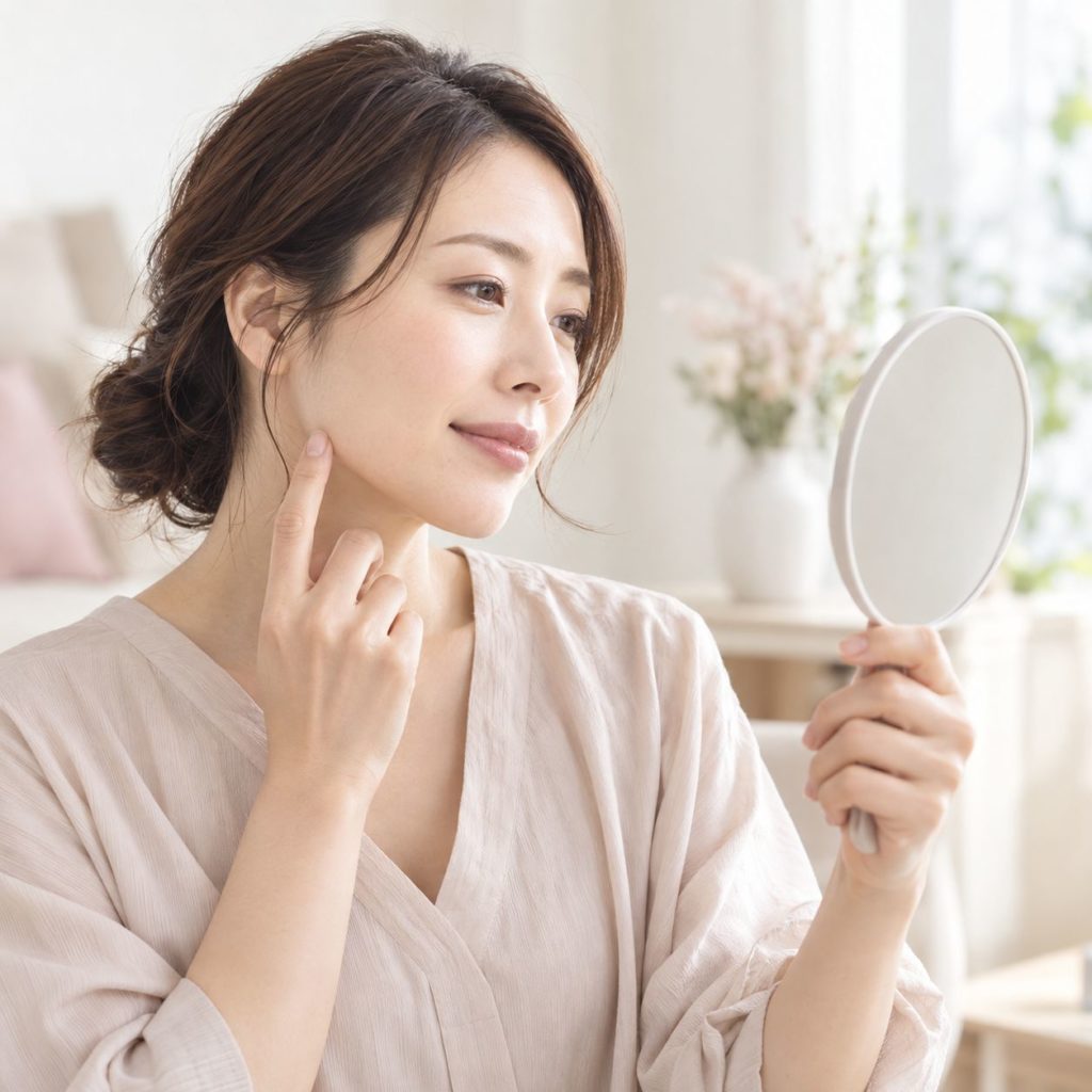 鏡で肌とフェイスラインを確かめる女性