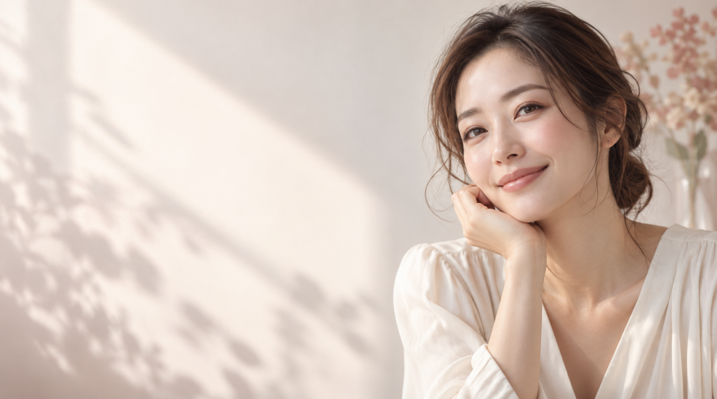 やわらかな自然光の中でほほえむ女性