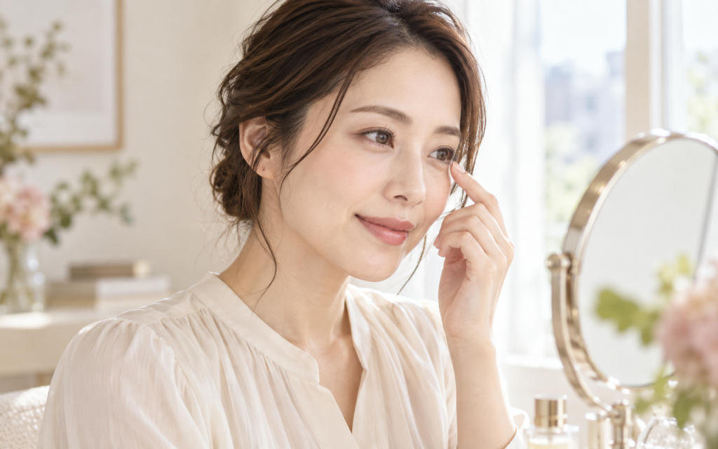鏡を見ながら目元のデザインを考える女性